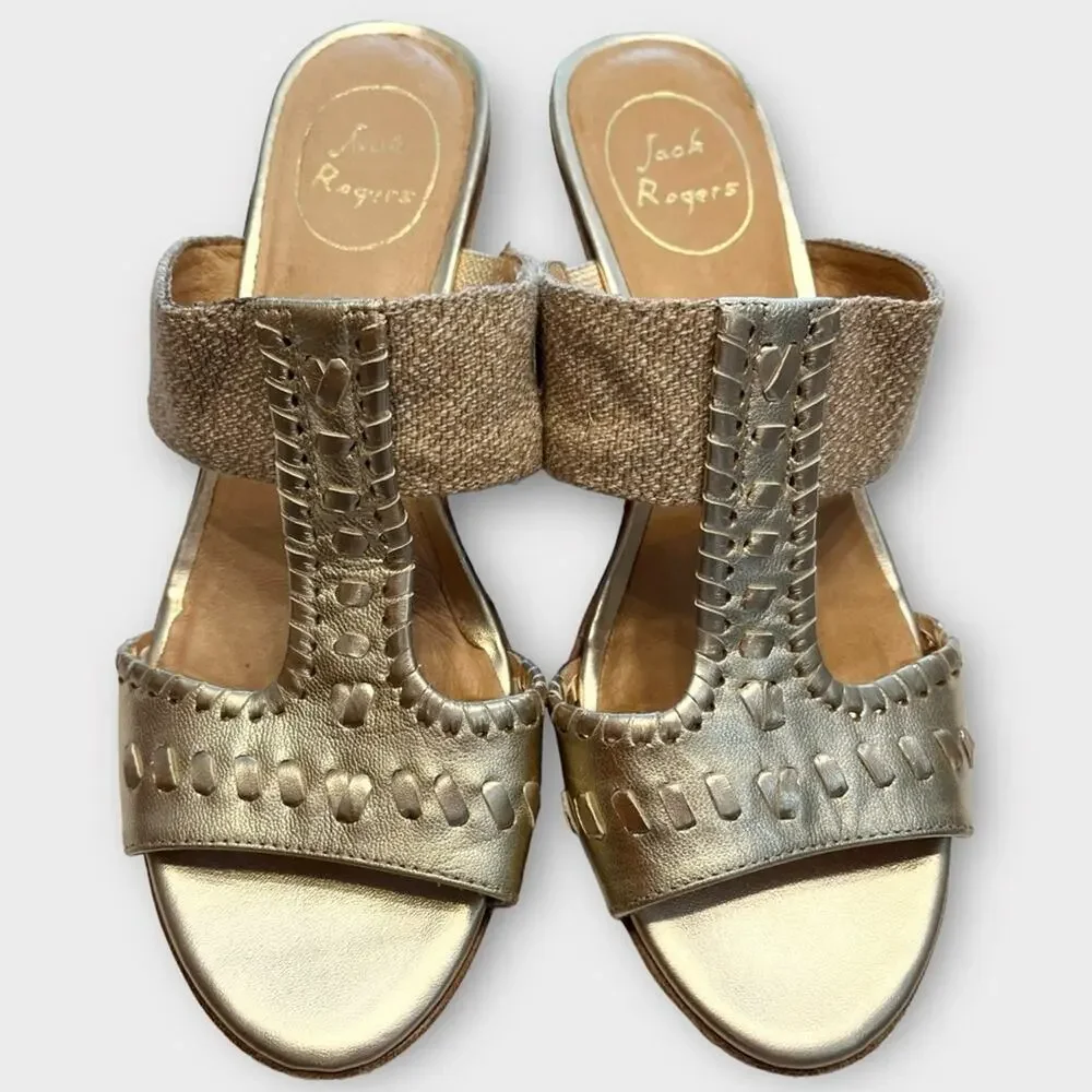 JACK ROGERS Nora Neutral Tan & Metallic Gold Wedge Sandals Size 8.5
